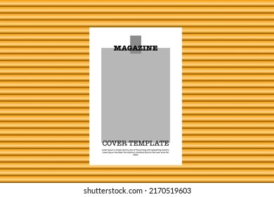 Photo frame with magazine concept on wood background
