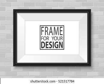 Photo frame mock up. Horizontal frame on brick wall. Vector template ready for presentation design. Black framing for drawing, painting or photo.