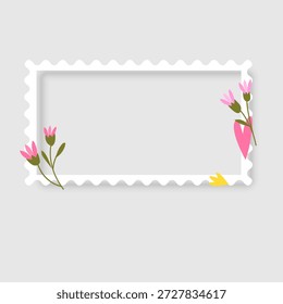 Maqueta del marco de la foto diseñada como sello postal. El marco cuadrado blanco presenta una suave sombra interior y está decorado con encantadoras flores silvestres dibujadas a mano. Perfecto para scrapbooking, tarjetas de felicitación de temporada, superposiciones de fotos románticas y publicaciones de redes sociales de temática floral