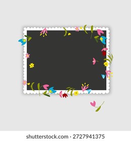 Montagem de moldura de foto projetada como um selo postal. A moldura quadrada branca apresenta uma sombra interna macia e está decorada com encantadoras flores silvestres desenhadas à mão. Perfeito para scrapbooking, cartões de felicitações sazonais, sobreposições de fotos românticas e posts de mídia social com temas florais