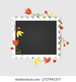 Photo frame mockup designed as a postage stamp. The white square frame features a soft inner shadow and is decorated with charming hand-drawn wildflowers. Perfect for scrapbooking, seasonal greeting cards, romantic photo overlays, and floral-themed social media posts