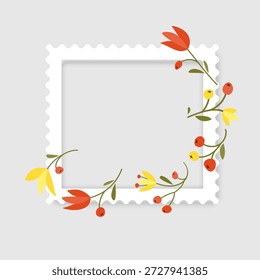 Maqueta del marco de la foto diseñada como sello postal. El marco cuadrado blanco presenta una suave sombra interior y está decorado con encantadoras flores silvestres dibujadas a mano. Perfecto para scrapbooking, tarjetas de felicitación de temporada, superposiciones de fotos románticas y publicaciones de redes sociales de temática floral