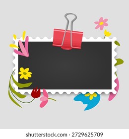 Maqueta del marco de la foto diseñada como sello postal. El marco cuadrado blanco presenta una suave sombra interior y está decorado con encantadoras flores silvestres dibujadas a mano. Perfecto para scrapbooking, tarjetas de felicitación de temporada, superposiciones de fotos románticas y publicaciones de redes sociales de temática floral