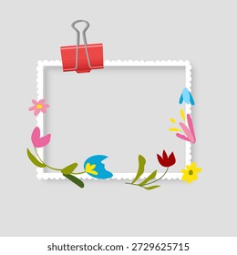 Photo frame mockup designed as a postage stamp. The white square frame features a soft inner shadow and is decorated with charming hand-drawn wildflowers. Perfect for scrapbooking, seasonal greeting cards, romantic photo overlays, and floral-themed social media posts