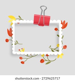 Fotorahmenmockup als Briefmarke. Der weiße quadratische Rahmen ist mit einem weichen inneren Schatten versehen und mit charmanten handgezeichneten Wildblumen dekoriert. Perfekt für Scrapbooking, saisonale Grußkarten, romantische Foto-Overlays und florale Social-Media-Beiträge