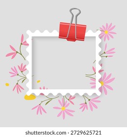 Photo frame mockup designed as a postage stamp. The white square frame features a soft inner shadow and is decorated with charming hand-drawn wildflowers. Perfect for scrapbooking, seasonal greeting cards, romantic photo overlays, and floral-themed social media posts