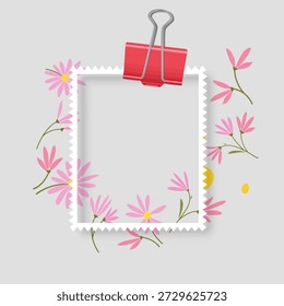 Photo frame mockup designed as a postage stamp. The white square frame features a soft inner shadow and is decorated with charming hand-drawn wildflowers. Perfect for scrapbooking, seasonal greeting cards, romantic photo overlays, and floral-themed social media posts