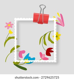 Maqueta del marco de la foto diseñada como sello postal. El marco cuadrado blanco presenta una suave sombra interior y está decorado con encantadoras flores silvestres dibujadas a mano. Perfecto para scrapbooking, tarjetas de felicitación de temporada, superposiciones de fotos románticas y publicaciones de redes sociales de temática floral