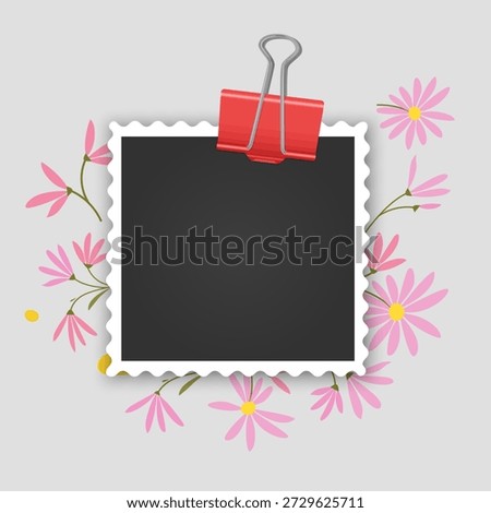 Photo frame mockup designed as a postage stamp. The white square frame features a soft inner shadow and is decorated with charming hand-drawn wildflowers. Perfect for scrapbooking, seasonal greeting cards, romantic photo overlays, and floral-themed social media posts
