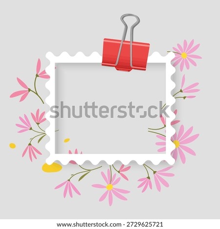 Photo frame mockup designed as a postage stamp. The white square frame features a soft inner shadow and is decorated with charming hand-drawn wildflowers. Perfect for scrapbooking, seasonal greeting cards, romantic photo overlays, and floral-themed social media posts