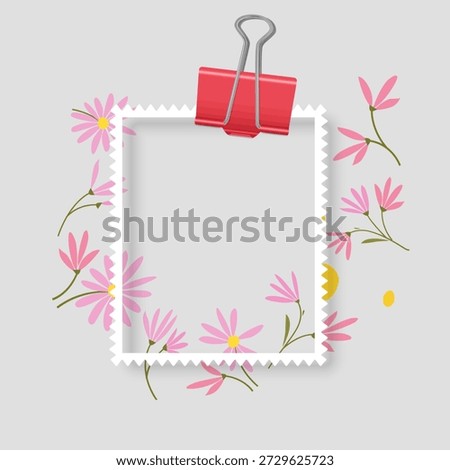 Photo frame mockup designed as a postage stamp. The white square frame features a soft inner shadow and is decorated with charming hand-drawn wildflowers. Perfect for scrapbooking, seasonal greeting cards, romantic photo overlays, and floral-themed social media posts