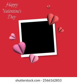 Photo frame mockup  scrapbook realistic with shadows and 3d pink hearts on red background for Valentine's Day. 14 February vector illustration