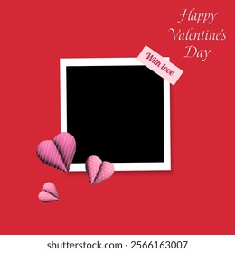 Photo frame mockup  scrapbook realistic with shadows and 3d pink hearts, sticker on red background for Valentine's Day. 14 February vector illustration
