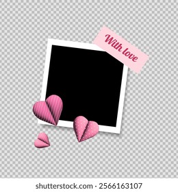 Photo frame mockup  scrapbook realistic with shadows and 3d pink hearts, sticker on background for Valentine's Day. 14 February vector illustration