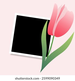 Photo frame mockup scrapbook realistic with shadows and flower tulip in flat style. Spring vector illustration