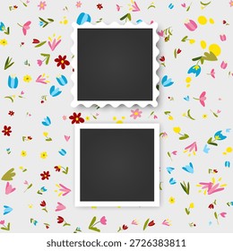 Moldura de fotografia mockup com dois espaços reservados de foto em branco em um fundo floral decorativo. Perfeito para scrapbooking, livros de memória, histórias de mídias sociais e modelos de cartões de saudação sazonais