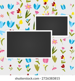Moldura de fotografia mockup com dois espaços reservados de foto em branco em um fundo floral decorativo. Perfeito para scrapbooking, livros de memória, histórias de mídias sociais e modelos de cartões de saudação sazonais