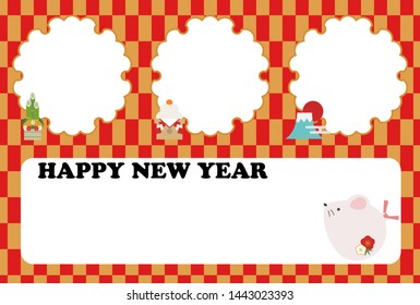 Photo frame new year's card illustration of cute rat (meaning of celebration in Japanese)