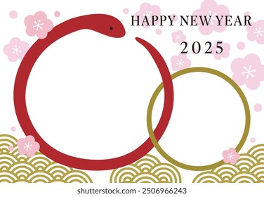 Photo frame New Year's card with plum blossoms and blue sea waves in the year of the snake 2025, red snake frame