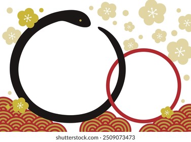 Photo frame New Year's card with plum blossoms and blue sea waves in the year of the snake 2025, black snake frame, Unlettered type