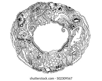 Photo frame in ocean theme. Vector image in black and white.