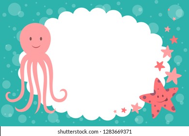 Photo frame with octopus. Decoration element for design. Shape for family photo in album. Flat vector illustration