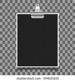 Photo frame with old binder clip on transparent background. Vector illustration.