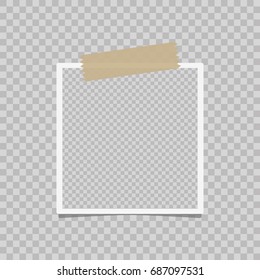 Photo frame on a isolated background. Realistic vector photo frame placed on transparent background. Realistic vector photo frame with straight edges on sticky tape placed vertically.