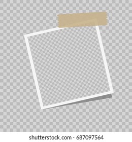 Photo frame on a isolated background. Realistic vector photo frame placed on transparent background. Realistic vector photo frame with straight edges on sticky tape placed vertically.