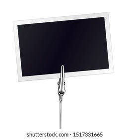 Photo Frame On A Metal Memo Holder Clip. Photo On Wire Silver Clamps Over White Background. Photo Album. Vector Illustration