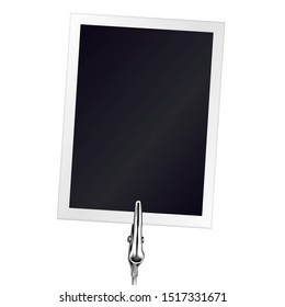 Photo Frame On A Metal Memo Holder Clip. Photo On Wire Silver Clamps Over White Background. Photo Album. Vector Illustration