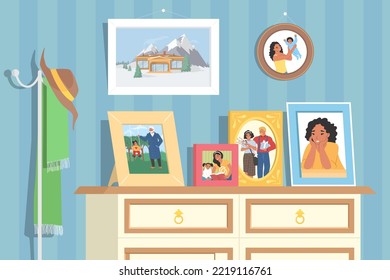 Photo frame on table flat vector. Picture with grandparent, children, family portrait on shelf. Home apartment design interior. Memory photography illustration