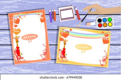 Photo frame on the table. Horizontal and vertical. Illustration for your design. With frame with giraffe girl in red dress.