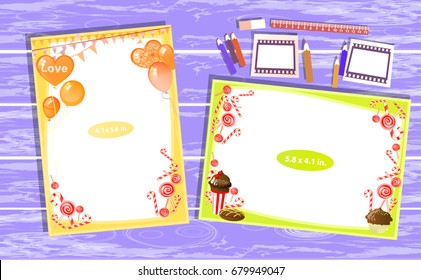 Photo frame on the table. Horizontal and vertical. Illustration for your design. With ruler and pencils
