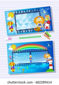 Photo frame on the table. Horizontal and vertical. Illustration for your design. A lion and a house in a hot air balloon