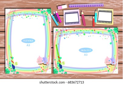 Photo frame on the table. Horizontal and vertical. Illustration for your design. With frames with ice cream.