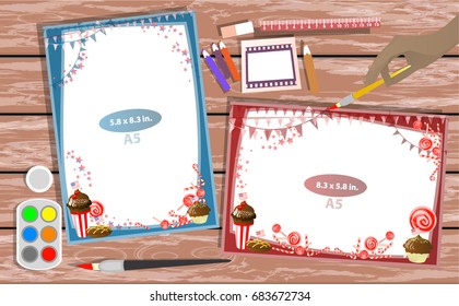 Photo frame on the table. Horizontal and vertical. Illustration for your design. With a frame with sweets on a red table of wood.