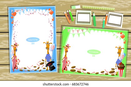 Photo frame on the table. Horizontal and vertical. Illustration for your design. With frames with giraffes. He and she are a couple.