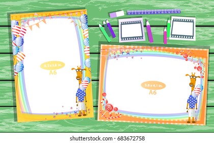Photo frame on the table. Horizontal and vertical. Illustration for your design. With a frame with a giraffe guy on a green table made of wood.