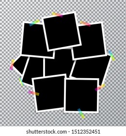 Photo frame on transparent background. Many photo frames for your design, with transparent adhesive tape for your color. Vector illustration.