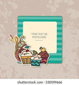 Photo frame on vintage background. Album template for kid, baby, family or memories. Scrapbook concept, vector illustration. Happy birthday.