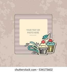 Photo frame on vintage background. Album template for kid, baby, family or memories. Scrapbook concept, vector illustration.