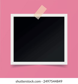 Photo frame on the wall. Blank photo stuck with sticky tape. Vector illustration