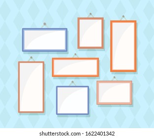 Photo frame on the wall in a flat style. Empty photo frames. Vector illustration of a set of rectangular frames.