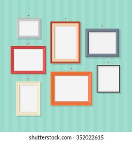 Photo frame on wall in a flat style  isolated on a background. Blank photo frame vector illustration. 