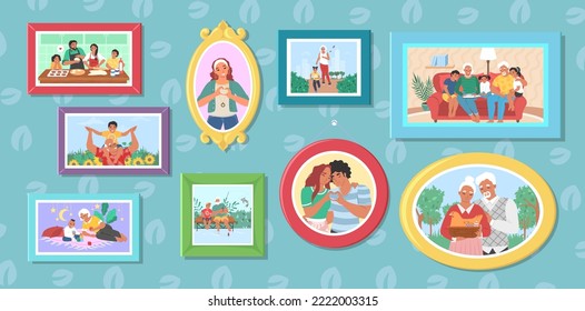 Photo frame on wall home interior vector illustration. Picture photography collection background. Family gallery for good vibes and memory. Relatives portrait