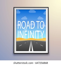 Photo frame on the wall, road to infinity highway, road in the desert, Vector illustration, road background.
