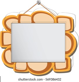 Photo frame on the wall. A stylized wood frame with décor photographs, paintings, children's drawing, diploma or certificate.