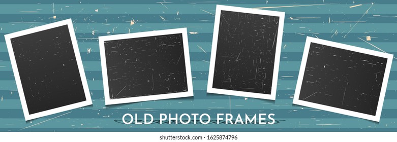 Photo frame on wooden background. Photography template. Realistic mock up collection. Design elements for album, poster, banner, cover. Vintage art. Retro picture with scratches. Old paper effect