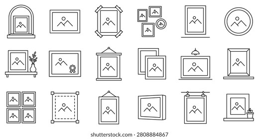 Photo frame outline icons set, picture borders, square, rectangle, circle framing for gallery, certificate, artwork exhibition on wall.
